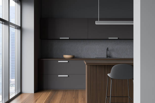 istock Dark kitchen set interior with table and seat, shelves and window 1360010649