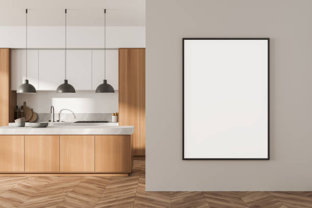 istock Light kitchen interior with furniture and cooking table, mock up poster 1360011005
