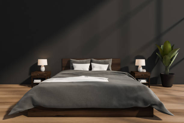 istock Grey and wooden bedroom with white details 1360011048