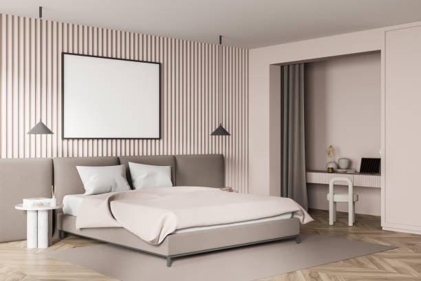 istock Horizontal canvas in beige bedroom with niche desk. Corner view. 1360011278