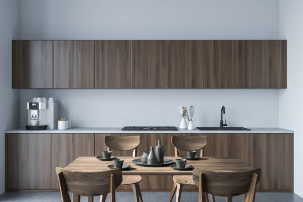 istock Wooden kitchen set interior with dining table and chairs, shelf with kitchenware 1360011981