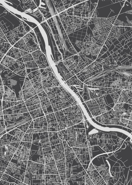 illustrazioni stock, clip art, cartoni animati e icone di tendenza di mappa della città varsavia, pianta dettagliata monocromatica, illustrazione vettoriale - fiume vistola