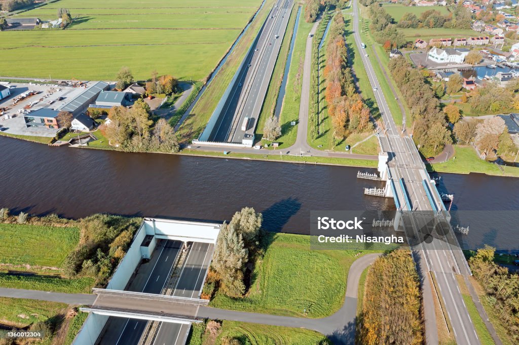 Aerial from the Princes Margriet Aquaduct at the highway A7 near Uitwellingerga in the Netherlands Aerial View Stock Photo