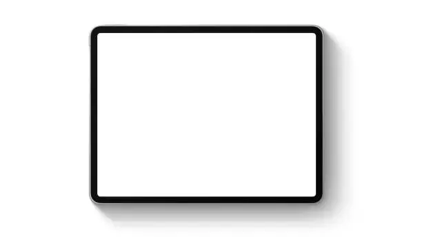 Photo of Modern black tablet computer with blank horizontal screen isolated on white background.