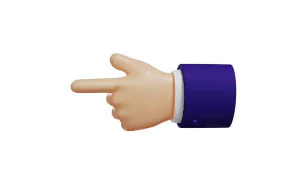 istock Cartoon 3d hand with dark blue sleeves shows backhand index pointing left isolated on white background, 3D rendering 1360012645