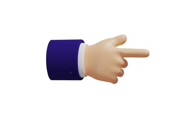 istock Cartoon 3d hand with dark blue sleeves shows backhand index pointing right isolated on white background, 3D rendering 1360012653