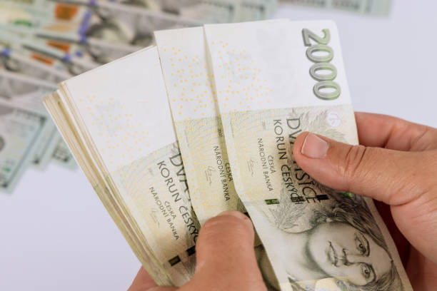 istock Close-up Czech koruna banknotes in man holding many banknote 1360013404