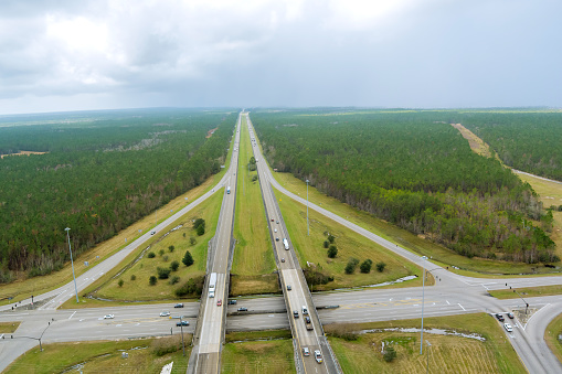 Panorama aerial view traffic line I-10 Interstate expressway near Diamondhead Mississippi US