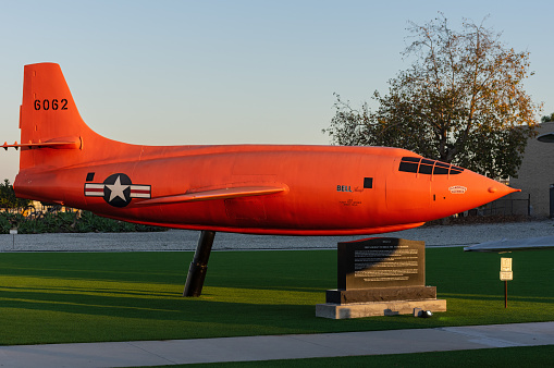 Los Angeles, California, USA - December 19, 2021: this image shows a repplica of the Bell X-1, the first aircraft to break the sound barrier.