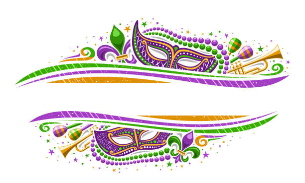 Vector Mardi Gras Border Vector Mardi Gras Border with copy space for text, horizontal template with illustration of fleur de lis symbol, colorful stars and decorative flourishes for mardigras show event on white background mask disguise illustrations stock illustrations
