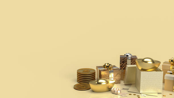 The Chinese gold money and gift box on gold background for business or holiday concept 3d rendering Chinese gold money and gift box on gold background for business or holiday concept 3d rendering goldco reviews worth stock pictures, royalty-free photos & images