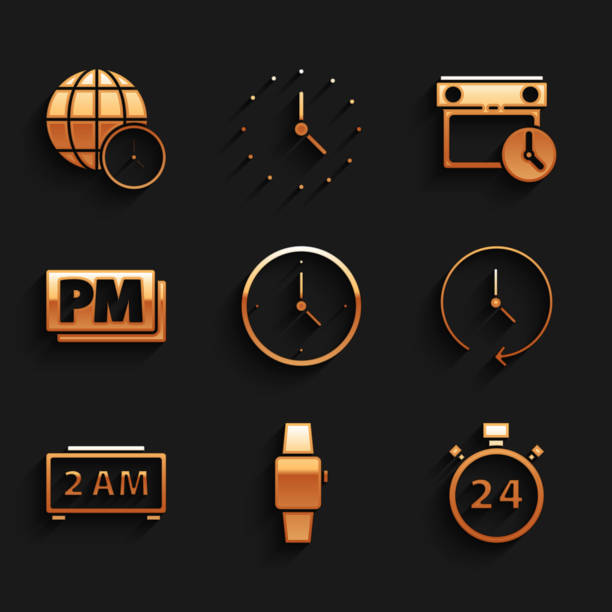 istock Set Clock, Smartwatch, Stopwatch 24 hours, Digital alarm clock, PM, Calendar and and World time icon. Vector 1360015302