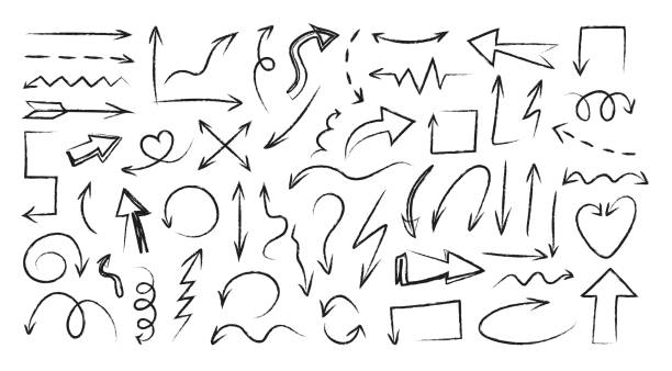 czarne strzałki doodle. ręcznie rysowane kreskówkowe kręcone i proste strzałki kierunkowe i ołówkowe symbole nawigacyjne, wskaźniki orientacji. wektorowy zestaw grunge - kręcone włosy stock illustrations