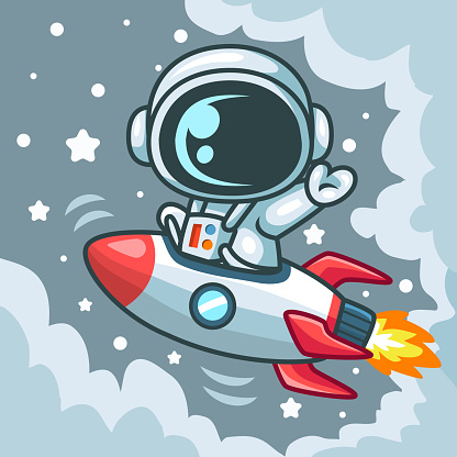 Cartoon cute little astronaut riding a rocket and waving on a plane to space