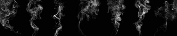 swirling movement of white smoke group Set swirling movement of white smoke group, abstract line Isolated on black background fumes stock pictures, royalty-free photos & images