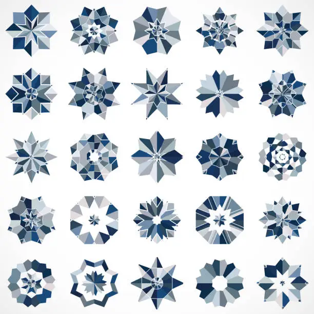 Vector illustration of Vector abstract blue mosaic textured snowflake mandala icon set collection