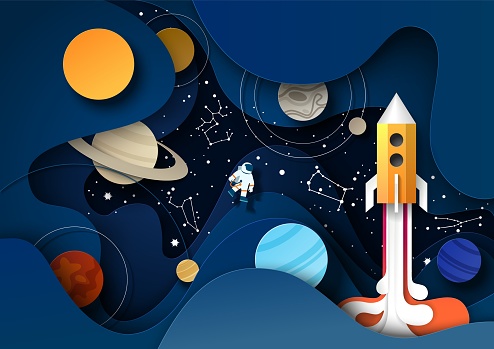 Night starry sky with solar system planets, zodiac constellations, flying rocket and astronaut, vector illustration in paper art style. Outer space scene, astronomy science.