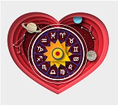 istock Zodiac wheel with twelve horoscope signs inside of heart, vector paper cut illustration. Zodiac love compatibility. 1360020009