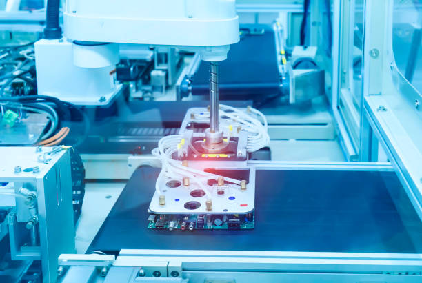 istock Automatic industrial robotic robot working, industry 4.0 and technology concept 1360020050