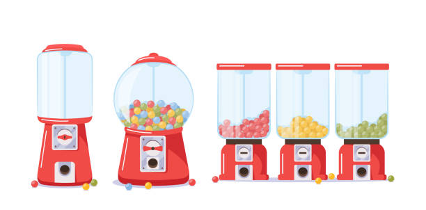 набор автоматов gumball с конфетами, полные и пустые прозрачные диспенсеры, торговые автоматы с цветными жевательными резинками - vending machine coin machine coin operated stock illustrations