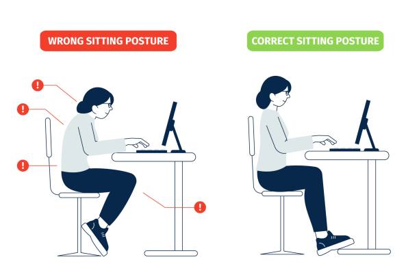 올바른 앉아. 책상 비즈니스 위치, 척추에 딱 맞는 앉습니다. 컴퓨터와 함께 직장에서 다리와 신체 위치. 인체 공학적 자세 최근 벡터 개념 - posture stock illustrations