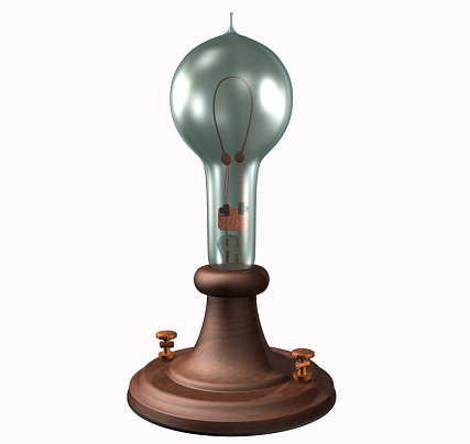 3D Rendering Illustration of the First Edison's Light Bulb, built in 1879,  patented in 1880; with wooden base, copper connections, tungsten components, carbon and platinum filaments, glass coated.