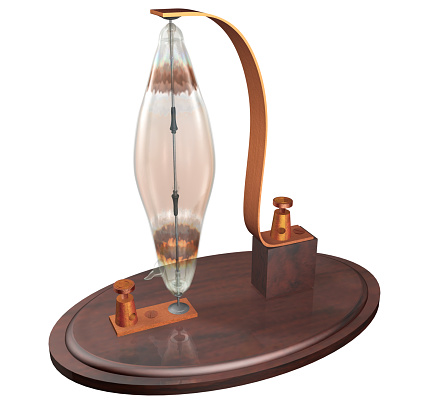 3D Rendering Illustration of a Prototype of Light Bulb designed and built by Sir Joseph Wilson Swan patented in England 1878 ; with wooden base, coper conectors, carbon filament and glass vacuum bulb.