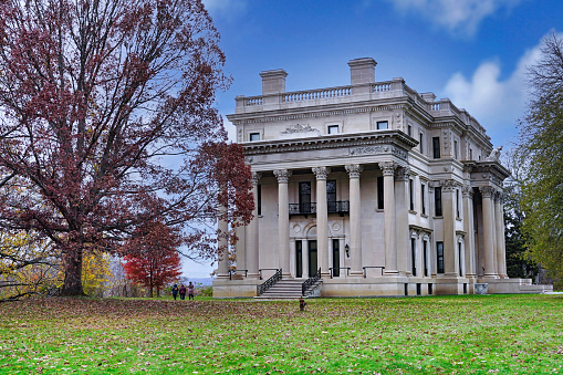 Hyde Park, NY - November 14, 2021:  United States National Park Service's historic Vanderbilt Mansion, in a scenic park overlooking the Hudson River Valley