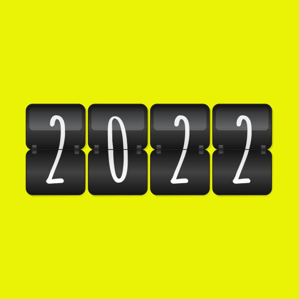 istock 2022 Happy New Year scoreboard vector illustration. Decorative black and white flip symbol on yellow background. Infographic sign for web design, celebration, decoration 1360024830