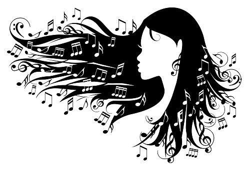 Beautiful black woman with music notes in her long hair, vector illustration on white background