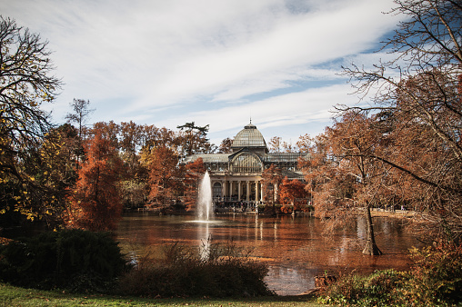 Madrid, monument to Alfonso XII (King of Spain) in Buen Retiro Park (Parque del Buen Retiro) with the small lake and the public park. Community of Madrid, Spain, southern Europe.