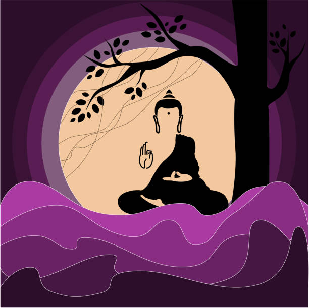 ilustrações, clipart, desenhos animados e ícones de lorde buda. ilustração vetorial da silhueta de buda na lua e fundo do mar. cartão de saudação do dia vesak com buda sob árvore bodhi - om symbol lotus hinduism symbol