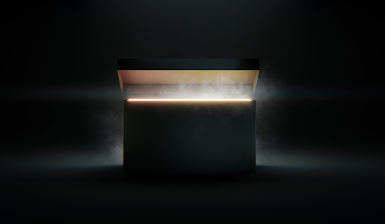 Misteriosa caja de pandora que se abre con rayos de luz, imagen de alto contraste. Renderizado 3D, ilustración photo