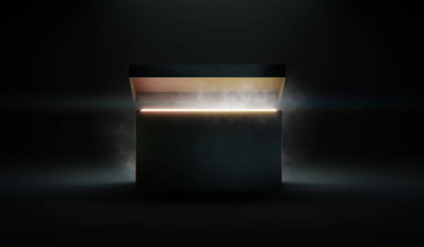 misteriosa caja de pandora que se abre con rayos de luz, imagen de alto contraste. renderizado 3d, ilustración - abrir fotografías e imágenes de stock