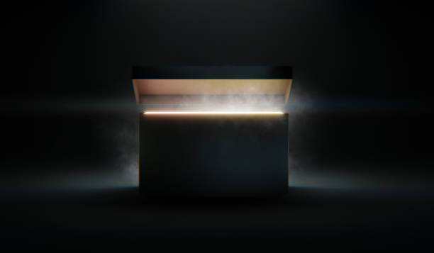 misteriosa scatola di pandora che si apre con raggi di luce, immagine ad alto contrasto. rendering 3d, illustrazione - mythology foto e immagini stock