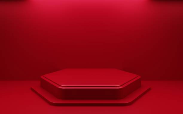 istock 3d rendering of empty red podium abstract geometric minimal background. Scene for advertising, cosmetic ads, showcase, presentation, technology, cream, fashion, new year. Illustration. Product display 1360030063