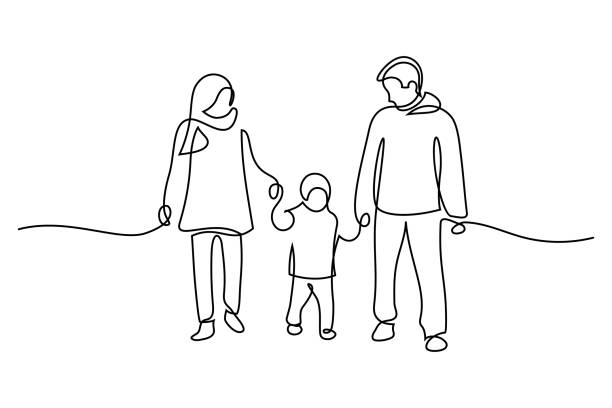 Family walking together Family in continuous line art drawing style. Front view of parents with one child holding hands and walking together black linear sketch isolated on white background. Vector illustration walking drawings stock illustrations