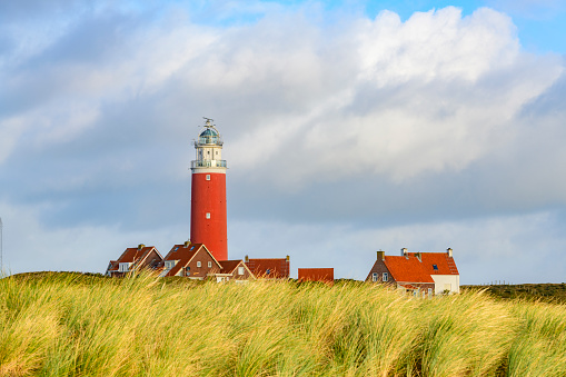 Watch tower in sand dunes and marshland on Marker Wadden island in Markermeer, Netherlands