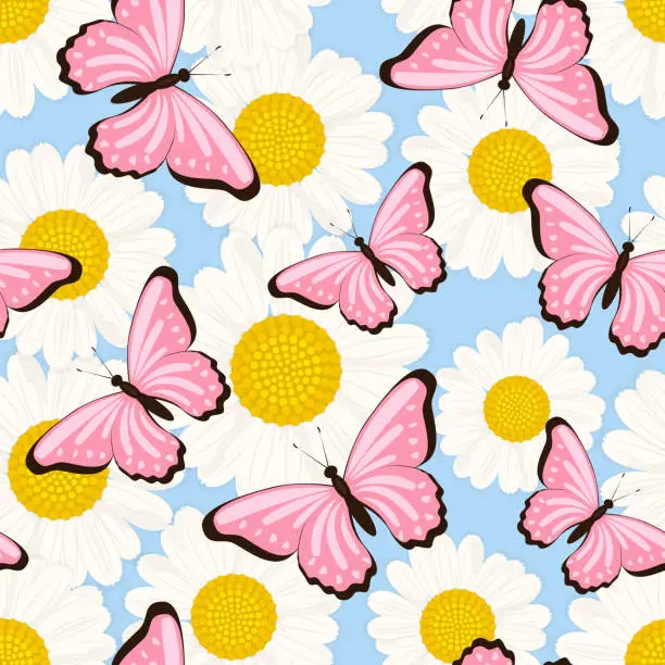 Vector illustration of Chamomile and pink butterflies seamless pattern