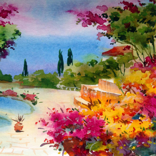 istock Watercolor colorful bright textured abstract background handmade . Mediterranean landscape . Garden . Painting of architecture and vegetation of the sea coast 1360031853
