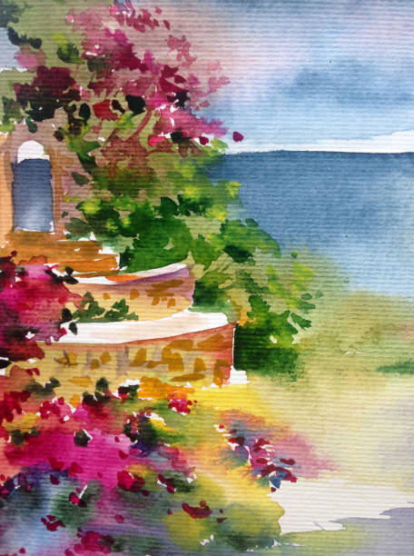 istock Watercolor colorful bright textured abstract background handmade . Mediterranean landscape . Garden . Painting of architecture and vegetation of the sea coast 1360031881