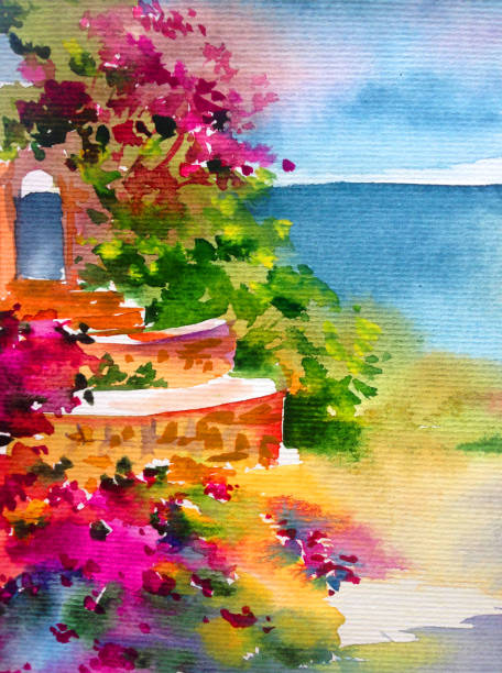 istock Watercolor colorful bright textured abstract background handmade . Mediterranean landscape . Garden . Painting of architecture and vegetation of the sea coast 1360031890
