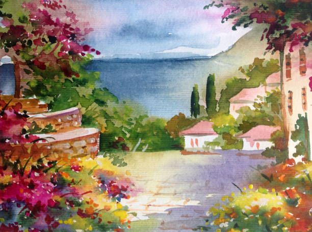istock Watercolor colorful bright textured abstract background handmade . Mediterranean landscape . Garden . Painting of architecture and vegetation of the sea coast 1360031956