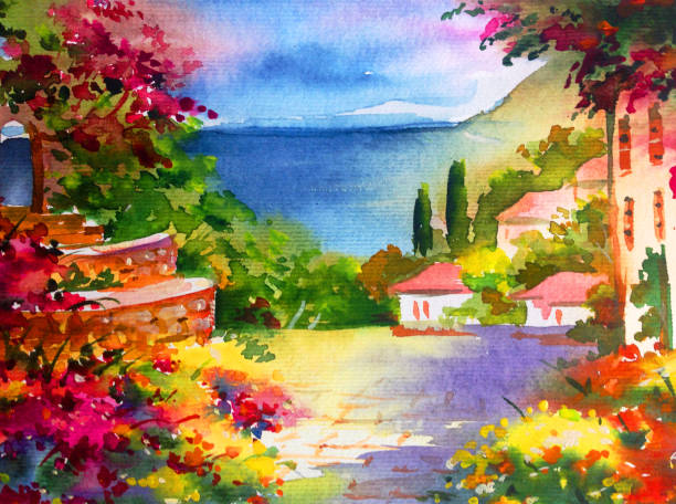 istock Watercolor colorful bright textured abstract background handmade . Mediterranean landscape . Garden . Painting of architecture and vegetation of the sea coast 1360031968