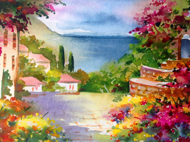 istock Watercolor colorful bright textured abstract background handmade . Mediterranean landscape . Garden . Painting of architecture and vegetation of the sea coast 1360031970