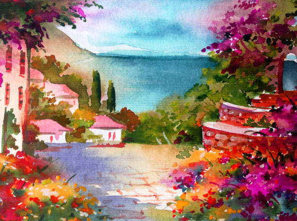 istock Watercolor colorful bright textured abstract background handmade . Mediterranean landscape . Garden . Painting of architecture and vegetation of the sea coast 1360031971