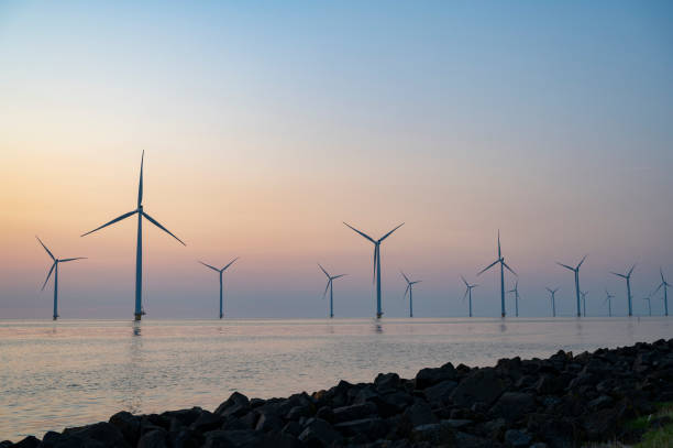 istock Wind turbines in an offshore wind park producing electricity during sunset. 1360032985