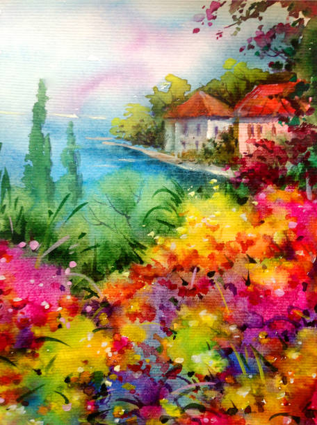 istock Watercolor colorful bright textured abstract background handmade . Mediterranean landscape . Garden . Painting of architecture and vegetation of the sea coast 1360033325