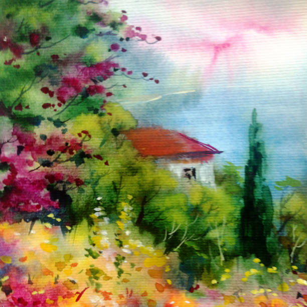 istock Watercolor colorful bright textured abstract background handmade . Mediterranean landscape . Garden . Painting of architecture and vegetation of the sea coast 1360035032