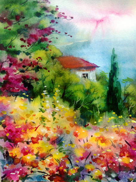 istock Watercolor colorful bright textured abstract background handmade . Mediterranean landscape . Garden . Painting of architecture and vegetation of the sea coast 1360035151